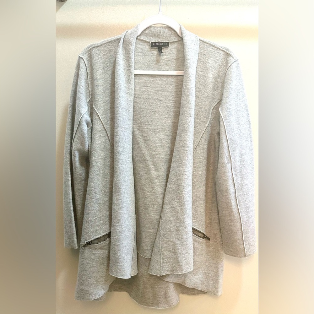 Eileen Fisher merino wool open-front cardigan in grey with zipper pockets XS